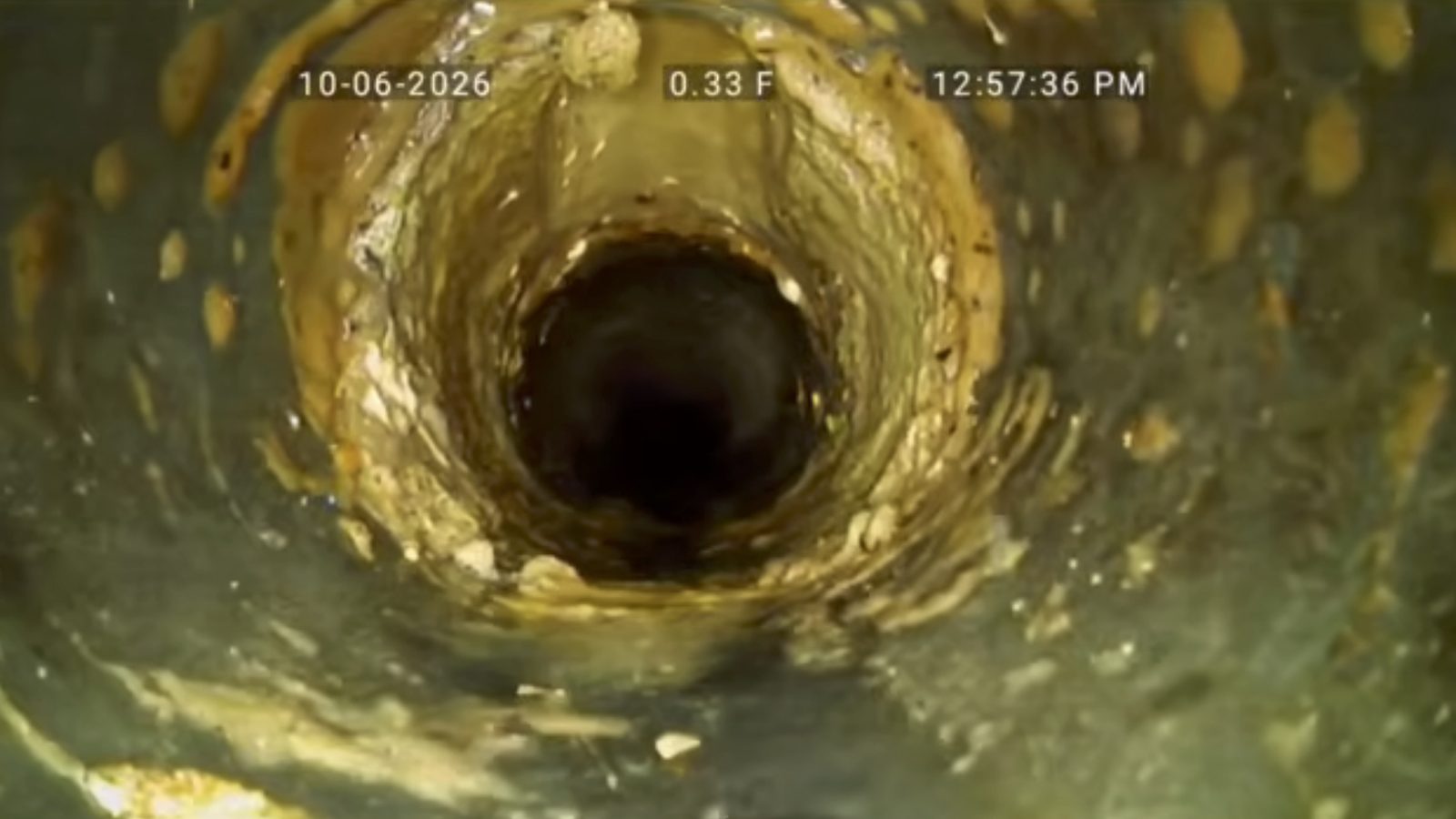 Sewer camera view of grease coating the pipe wall just past the cleanout