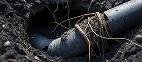 Tree roots growing into and around a clay sewer pipe underground — a common finding during sewer scope inspections in Riverside CA
